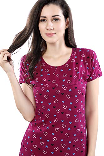 Image of DZZO Women's Cotton Pink and Blue Heart Print Knee Length Nightdress