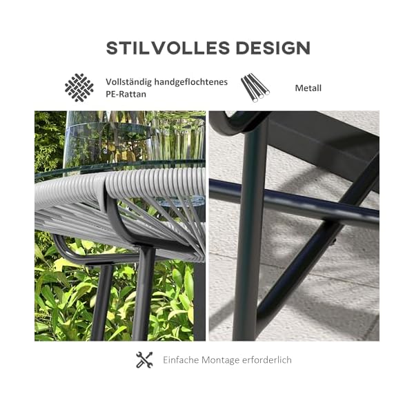 Outsunny Beistelltisch PE-Rattan mit Glasplatte Grau