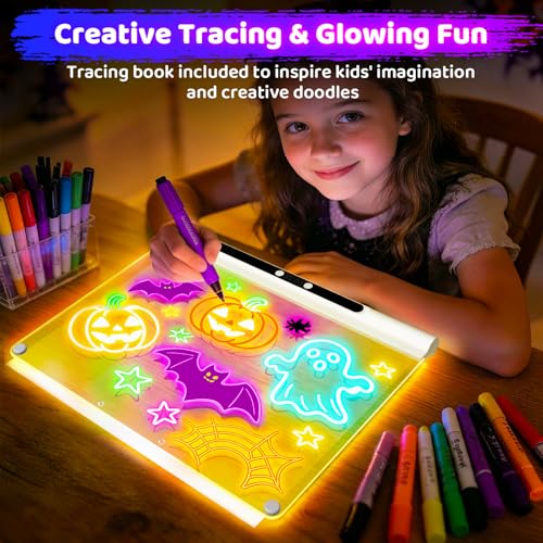 Image of Geokay 16 inch Rechargeable LED Drawing Board, 9-Color Light Modes with Timer & Built-in Stand, Neon Glow Up Dry Erase Doodle Note Pad, Sketching Gift Toy for Kids /Girls /Teens, 6 Markers & Tracing Book