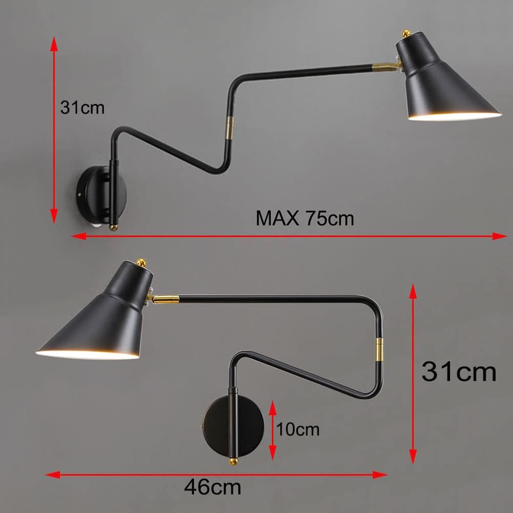 Schwenkarm Wandleuchte mit Schalter und Stecker Schwarz Wandlampe Retro Industrie Verstellbare Langearm Wand Leselampe mit Kabel Innen E27 Nachttischlampe für Schlafzimmer Wohnzimmer