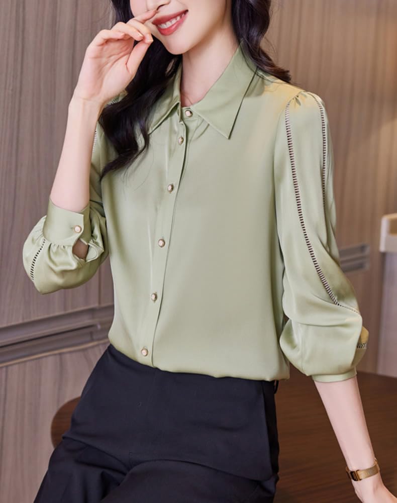 DISSA Camisa de seda para mujer con botones de manga larga blusa túnica de seda tops casuales de encaje de alas tops lisos,S9615