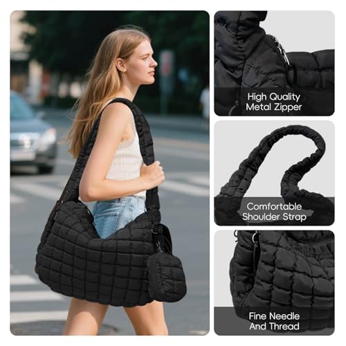 Image of Puffer Tote Bag for Women, Large Quilted Puffer Bag with Pouch, Puffy Quilted Hobo Bag, Puff Crossbody Purse