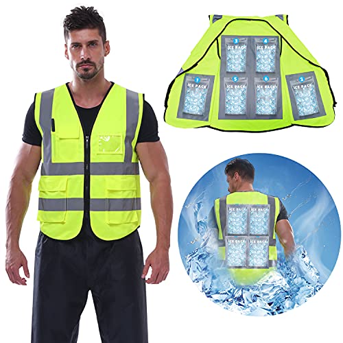 Cooling Safety Vest with 6 Ice Packs Reflective Vest with Pockets high visibility vest for Men Women (Green)