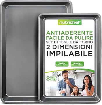 NutriChef Set di 2 Teglie da Forno Antiaderenti, Teglie Forno Rettangolari con Rivestimento Liscio, Senza PFOA, PFOS e PTFE, 38 x 28 cm e 33 x 23 cm, Lavabili in Lavastoviglie, Grigio