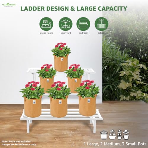 Image of Anandi Greens White Heavy Duty 3 Tier Metal Plant Stand for Grow Bags Planters and Pots Rust Resistant Iron Plant Pot Holder Rack for Outdoor Balcony Indoor Living Room and Garden Supports Up to 200 kg