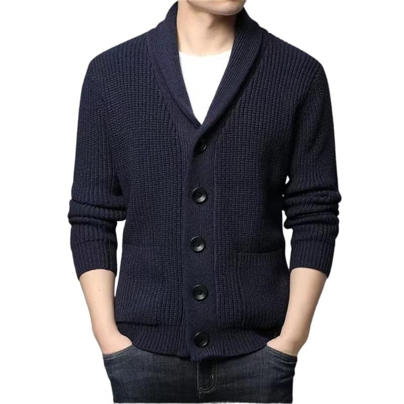 bifanxi Men's Wool Blend Turn-Down Collar Buttoned Cardigan Sweater for Autumn and Winter | Dark Blue | 2XL-picture-23
