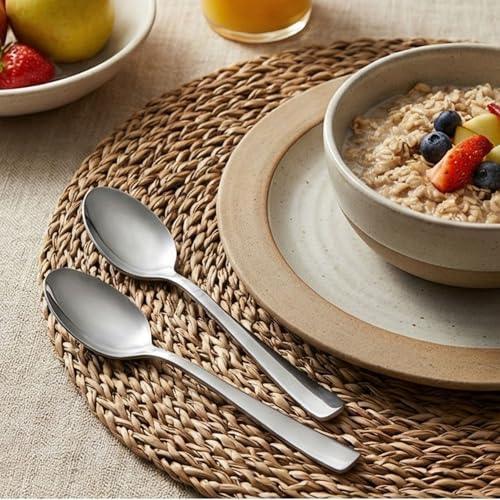 Image of Dinner Spoon Set of 4 - 7.3 inch Sterling Silver Finish Tablespoons, Premium Food Grade 18 /10 Stainless Steel, Durable & Dishwasher Safe Silverware Spoons for Home, Restaurant, and Gifting