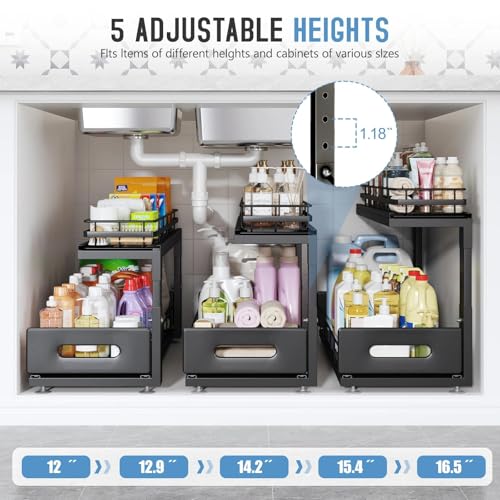 Image of Under Sink Organizer Upgrade To Professional Rails,2-Tier Dual Pull Out Cabinet Storage,Height Adjustable Slide Out Drawers For Bathroom Kitchen,1 Pack-21 inchDx12.8 inch-16.9 inchH,Black