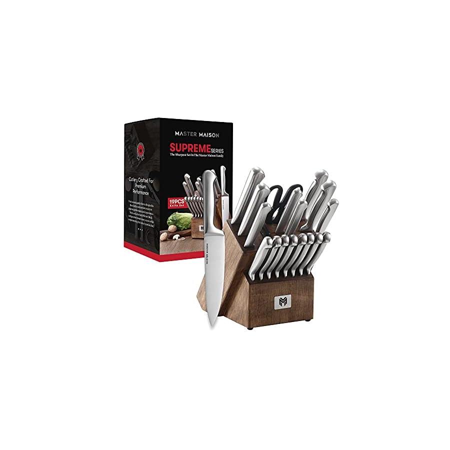 Master-Maison-19-Piece-Premium-Kitchen-Knife-Block-Set-Wooden-Block-German-Stainless-Steel-Cutlery-With-Knife-Sharpener-8-Steak-Knives-Silver Master Maison 19-Piece Kitchen Knife Set with Wooden Block and Knife Sharpener