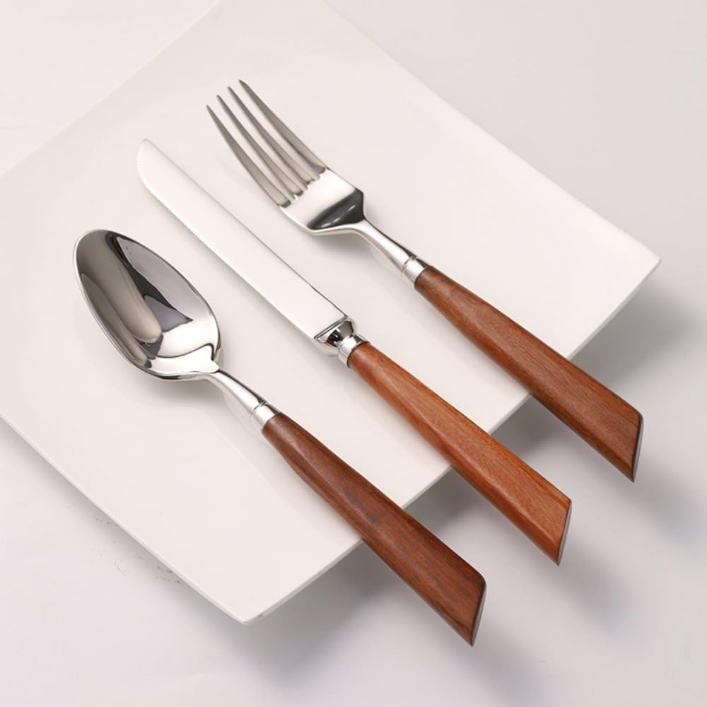 Rosso Cannella Legno Manico Cucina Acciaio Inox Argenteria Stoviglie Posate Set Bistecca Coltello Forchetta Cucchiaio Cucchiaino (Argento,5 pezzi)