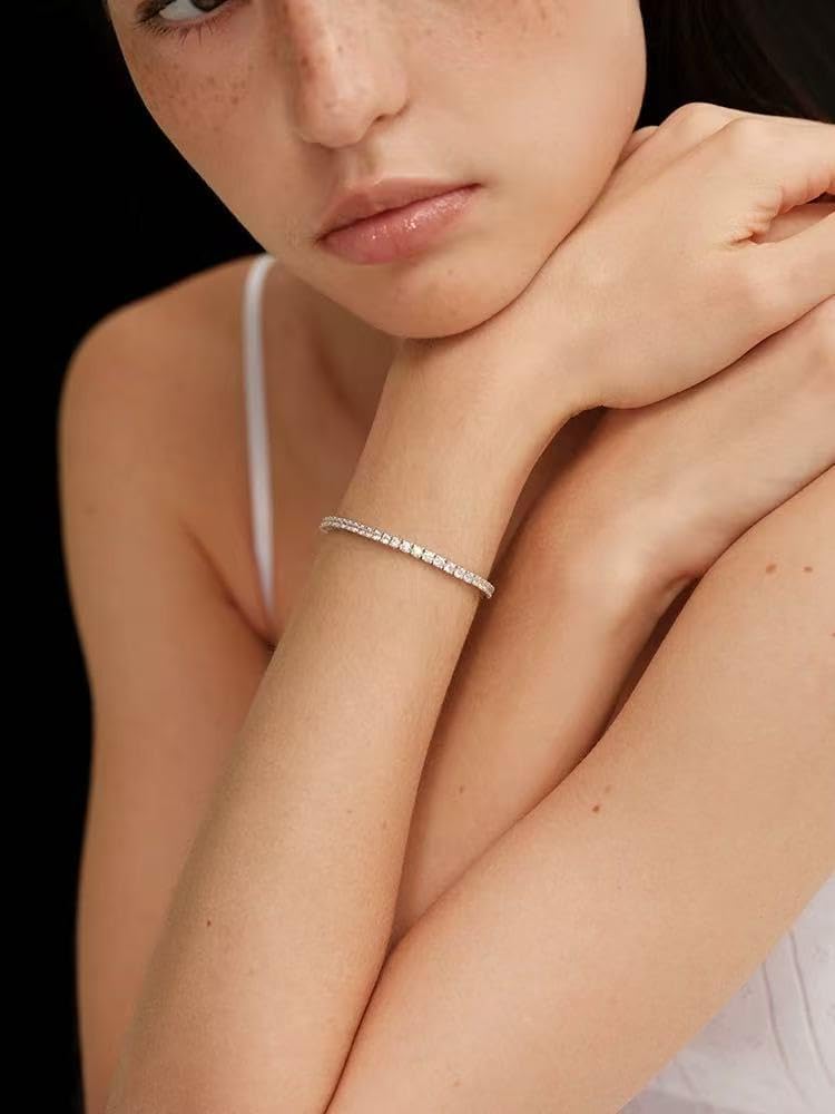 2Pcs Silver Bracelet – Classic White Gold-Plated Diamond Tennis Bracelet for Women, Adjustable Slider Design, Jewelry for Weddings - Image 4