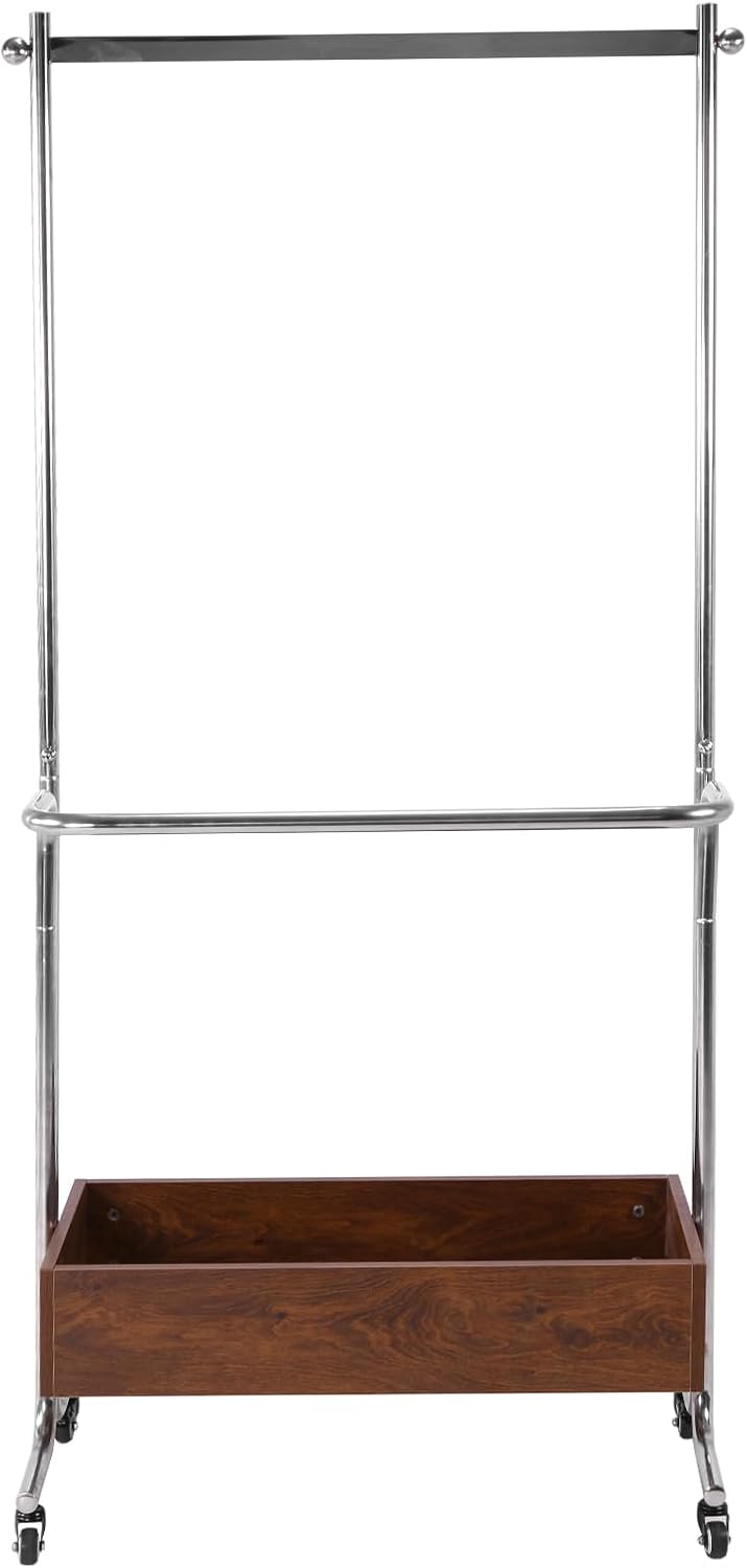 Small Clothes Rack With Wooden Storage Box Portable Rolling Wardrobe Rack Stainless Steel for Hanging Clothes Garment Wallets Hats