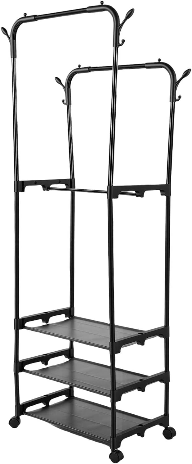 Double Rods Clothes Rack Strong Rolling Closet Wardrobe Rack with 3 Tier Storage Shelves for Bedroom Laundry Room, Iron, 77.36oz