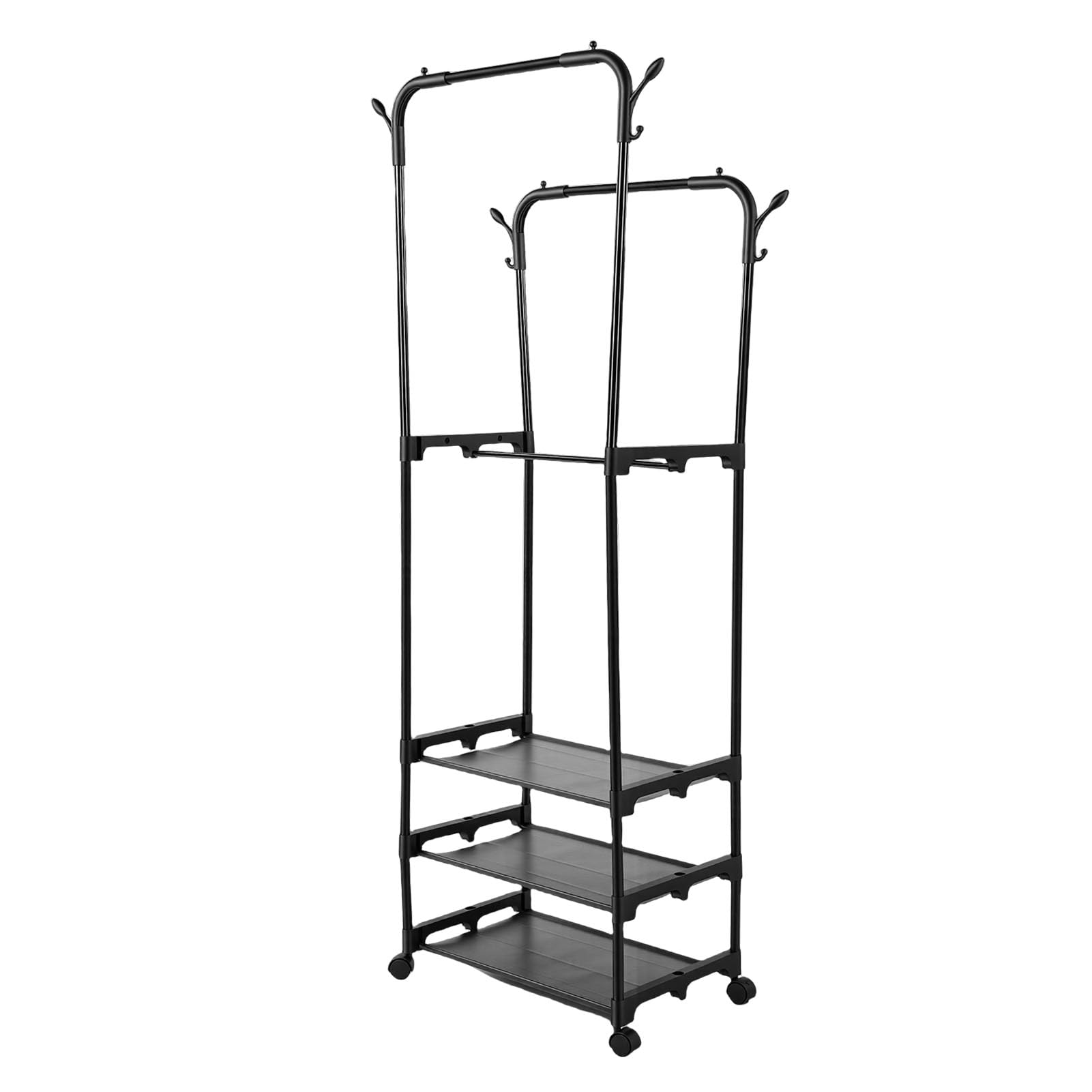Double Rods Clothes Rack Strong Rolling Closet Wardrobe Rack with 3 Tier Storage Shelves for Bedroom Laundry Room, Iron, 77.36oz