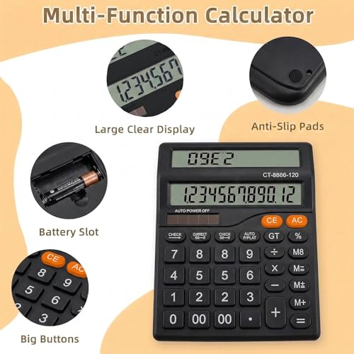 Image of 12 Digit Dual Screen Desktop Calculator with Big Keys, GT & Memory Functions, Auto Power Off, Professional Electronic Calculator for Home, Office & Retail Use, Black