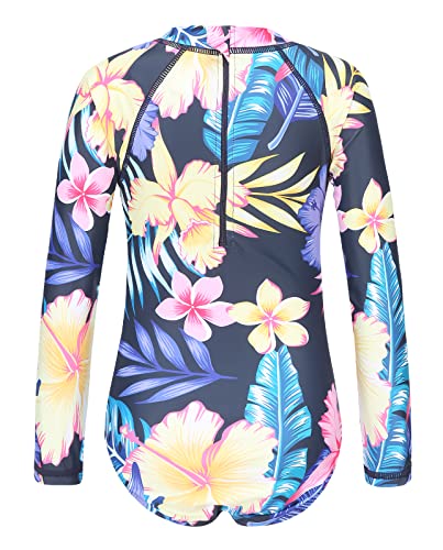 Image of Moon Tree Girls One Piece Swimsuits Long Sleeve Rash Guard Zipper Front Bathing Suit UPF 50+