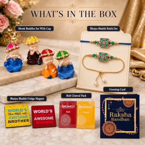 Image of Dreamica Designer Bhaiya Bhabhi Rakhi Set, Monk Buddha Showpiece Set,2 Fridge Magnet, Greeting Card and Tilak Set | Best Rakhi Gift for Brother