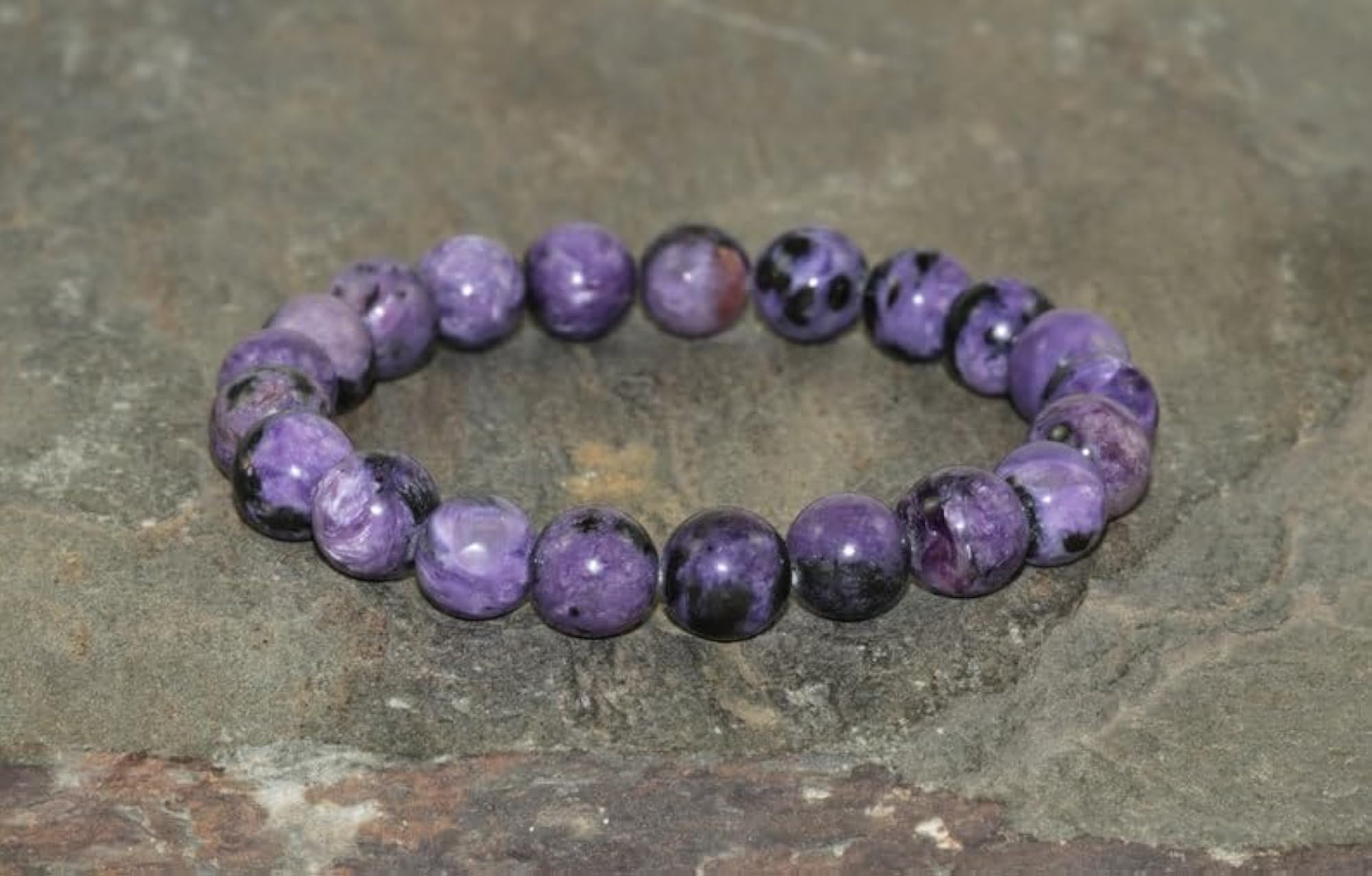 Natural Russian Charoite Round Shape Bead Stretchable Bracelet, Unisex