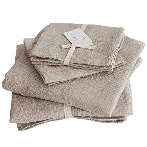 4-Piece 100% Linen Towels Set - 2 Bath Towels Set, 2 Hand Towel Sets - Natural Fiber Waffle Towels For Bathroom Thin Pre-Washed Lightweight Quick-Dry Absorbent - Made From European Natural Pure Flax #TOP21