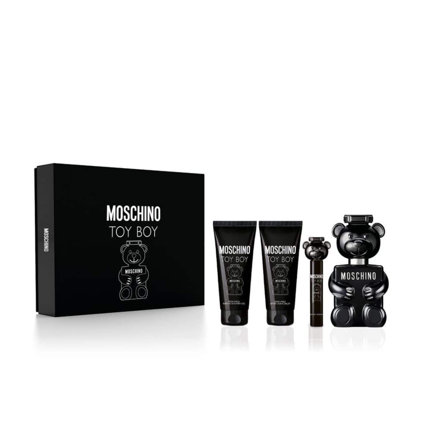 Moschino Toy Boy Men 3.4 oz EDP Spray, 0.3 oz EDP Spray, 3.4 oz After Shave Balm, 3.4 oz Bath and Shower Gel 4 Pc Gift Set