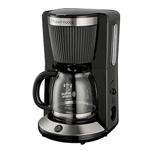 Russell Hobbs Cafetera de Goteo [1,25L, 1100W] Brontë Matte Black (Jarra de vidrio, 10-15 tazas, WhirlTech, Mantiene calor, Cuchara, Pausa para servir, Nivel agua, Luz indicadora, Negro) 26780-56