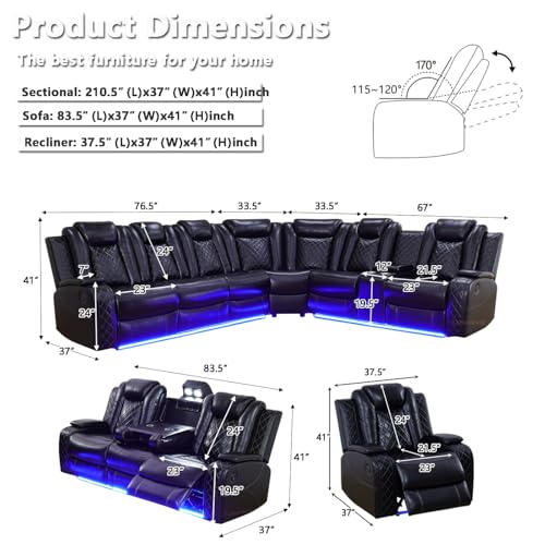 Image of Living Room Furniture Set, Power Sectional Recliner Sofa and Chair Set with LED Light, Air Leather Electric Reclining Sofa with 5 Recliner Seats /Cup Holders /USB Port /Storage Console for Living Room