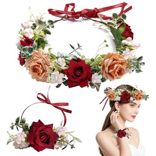TZEKING Guirnalda de Flores, Corona de Flores Ajustable, Diadema Floral y Conjunto de Pulsera, para Mujer y Niña, Dama de Honor, Boda, Playa, Fiesta, Festival, Fotografía, Rosa