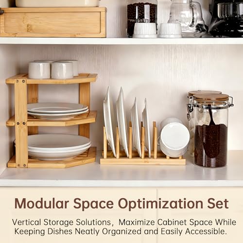 Image of Bamboo Plate Organizer Set, 3 Tier Corner Shelf & Vertical Plate Rack,2 Set