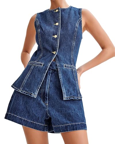 Women's Denim 2 Piece Set Sleeveless Button Down Denim Blazer Vest Tops and High Waist Short Casual Waistcoat Jean Vest Set
