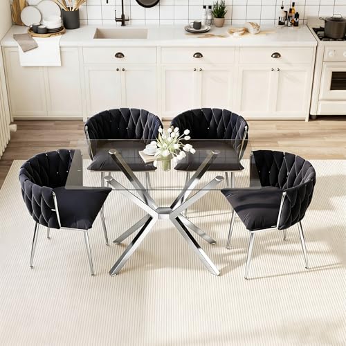 Image of Silver Glass Dining Table Set for 4 with 47.2 inch Rectangular Tempered Glass, 5 Pieces Kitchen Table Set with 4 Comfortable Velvet Chairs for Living Room, Apartments Small Place, Cafe (Black Chairs)