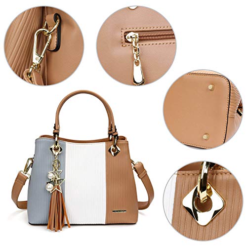 Handbags for Women, PU Leather Handbag in Pretty Colors Combination (Grey/White/Khaki)