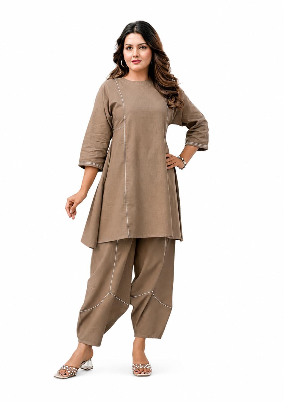 Women's Co-ord Set – Pure Cotton Slub, Round Neck, 3/4 Sleeves, Short Length Top, Styled Pants, Casual Wear-image-20