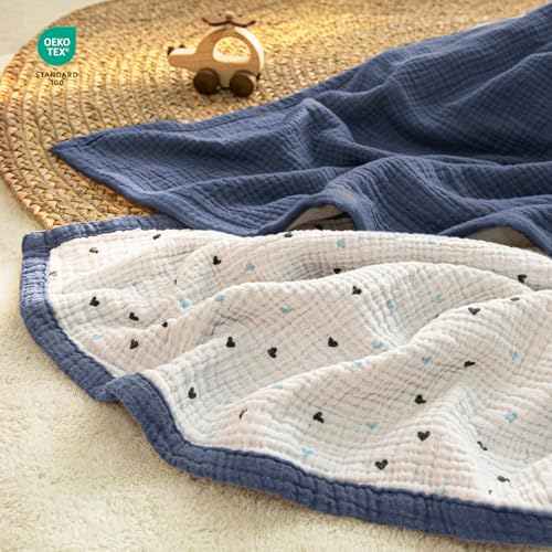 Image of lulumoon Muslin Baby Blanket for Boys: Cotton Toddler Blanket for Daycare | Soft Reversible Crib Bedding for Baby - Lightweight for Naptime, Stroller, Carseat & Travel, 47 inchx47 inch(Blue)