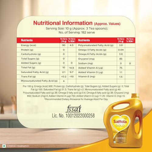 Image of Saffola Gold Refined Cooking oil | Power of 3 - Balance of Good Fats, Triple Anti-Oxidant System & Fortified with Vitamins | Multi-Source Edible Rice Bran & Sunflower Oil | 2 Litre Jar /1.82 Litre jar [weight may vary]