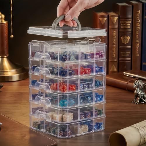 Image of PUGED DND Dice Storage Box with Removable Dividers Polyhedral Dice Plastic Organizer Holding Up To 1800 Dices Craft Bead Compartment Container for Sewing, Jewelry, Art, DIY (6 layers)