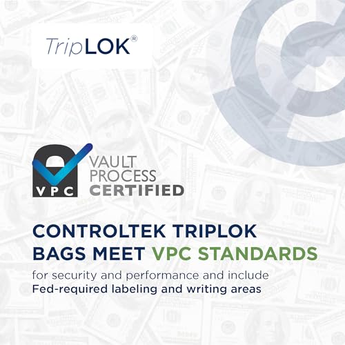 ControlTek TripLOK Tamper-Evident Deposit Bags for Cash Handling & Valuables, Moisture, Heat and Cold Sensitive Ink , Tear-off receipt + Large Barcodes, 9" x 12", Clear with Pocket, 50 Bags 585030