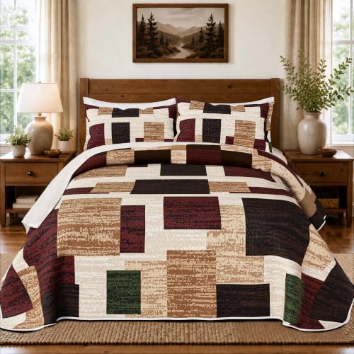 Image of Tyrot 3 Piece Brown Red Vintage Quilt Twin Size Red Bedding Set