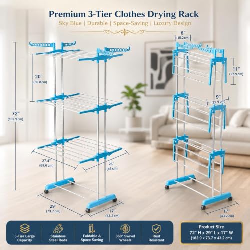 Image of TEKCOOL Foldable Cloth Drying Stand Stainless Steel - 3 Tier Heavy-Duty Clothes Dryer for Balcony, Indoor & Outdoor Use | with Wheels & Hanger Slots | Rust-Proof Laundry Rack (Grey, 3 TIRE)?,