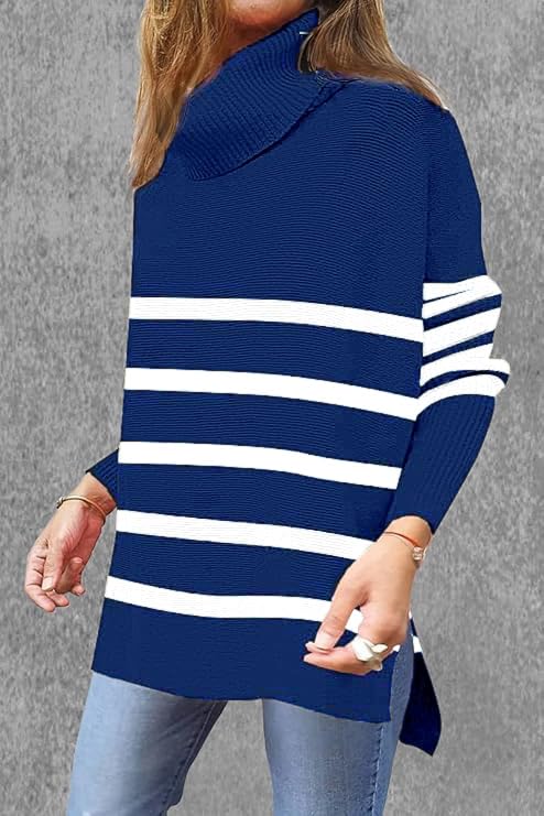 Image of Women's Turtleneck Oversized Sweaters Long Sleeve Split Hem Striped Knit Pullover Tops