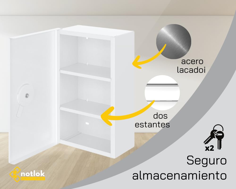Armario Botiquin Pared + 3 Estantes 39x24x11 cm | 2 Llaves para Guardar los medicamentos, Acero Botiquin de Primeros Auxilios Pared, Armario Pared