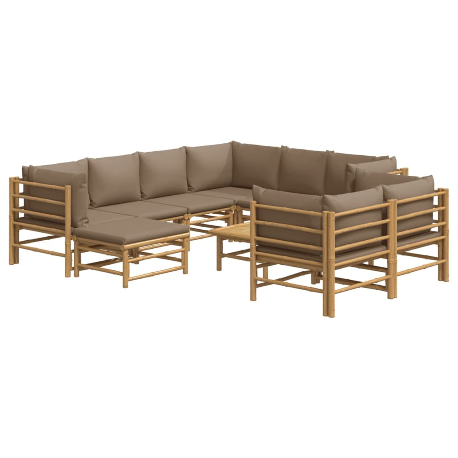 10-częściowy bambusowy zestaw wypoczynkowy w kolorze taupe z poduszkami, meble ogrodowe na zewnątrz, nowoczesny design, odporny na warunki atmosferyczne, idealny do relaksu na podwórku i przy basenie