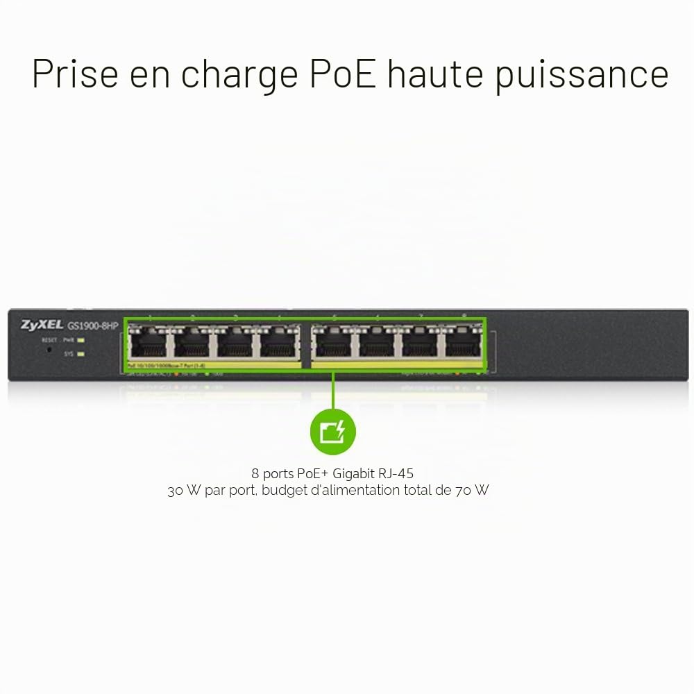 Zyxel Switch 8 ports Gigabit PoE | Gestion intelligente | Montage sur bureau, sur mur et sans ventilateur | 8 ports PoE+ avec une puissance de 70 Watts | |VLAN, IGMP, QoS| Garantie à vie [GS1900-8HP]