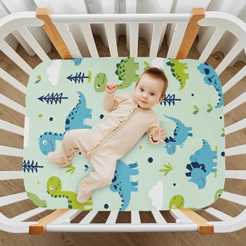 Image of Dinosaur Clouds Grass Cartoon Pattern Crib Sheets Stretchy Portable Sheets for Baby Toddler Breathable Soft Crib Mattress Sheet for Girls Boys