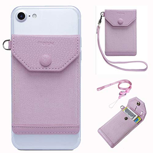 RIFUN Stick on Phone Wallet, Ultra-Slim Self Adhesive Card Holder Credit Card Wallet for Smartphones RFID Blocking Sleeve Extra Tall Pocket Totally Covers Credit Cards & Cash (Pink Plus)