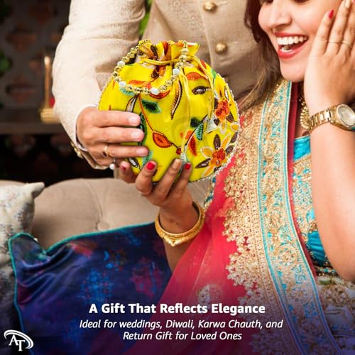 Image of Women Potli Bags | Zari Embroidered Silk With Drawstring | Traditional Return Gifts for Mehandi, Haldi, Baby Shower, Wedding, Sangeet, Seemantham