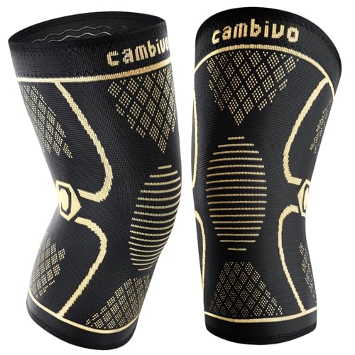 Image of CAMBIVO 2 Pack Copper Knee Braces for Knee Pain, Knee Compression Sleeve for Men and Women, Knee Support for Meniscus Tear, Running, Weightlifting, Workout, ACL, Arthritis, Joint Pain Relief (Gold, Small)