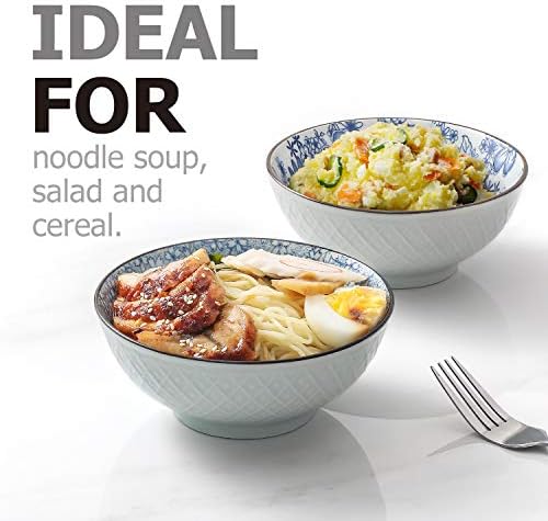 Y YHY Ceramic Cereal, Soup, Salad Bowls, 16 Ounces Japanese Bowls, Set of 4 Assorted Designs, Blue and White