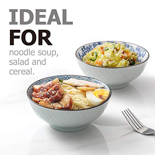 Y YHY Ceramic Bowls, Japanese Rice Bowl, Cereal Bowls for Kitchen, 16oz Blue Bowl Set of 4, Assorted Designs, Microwave and Dishwasher Safe