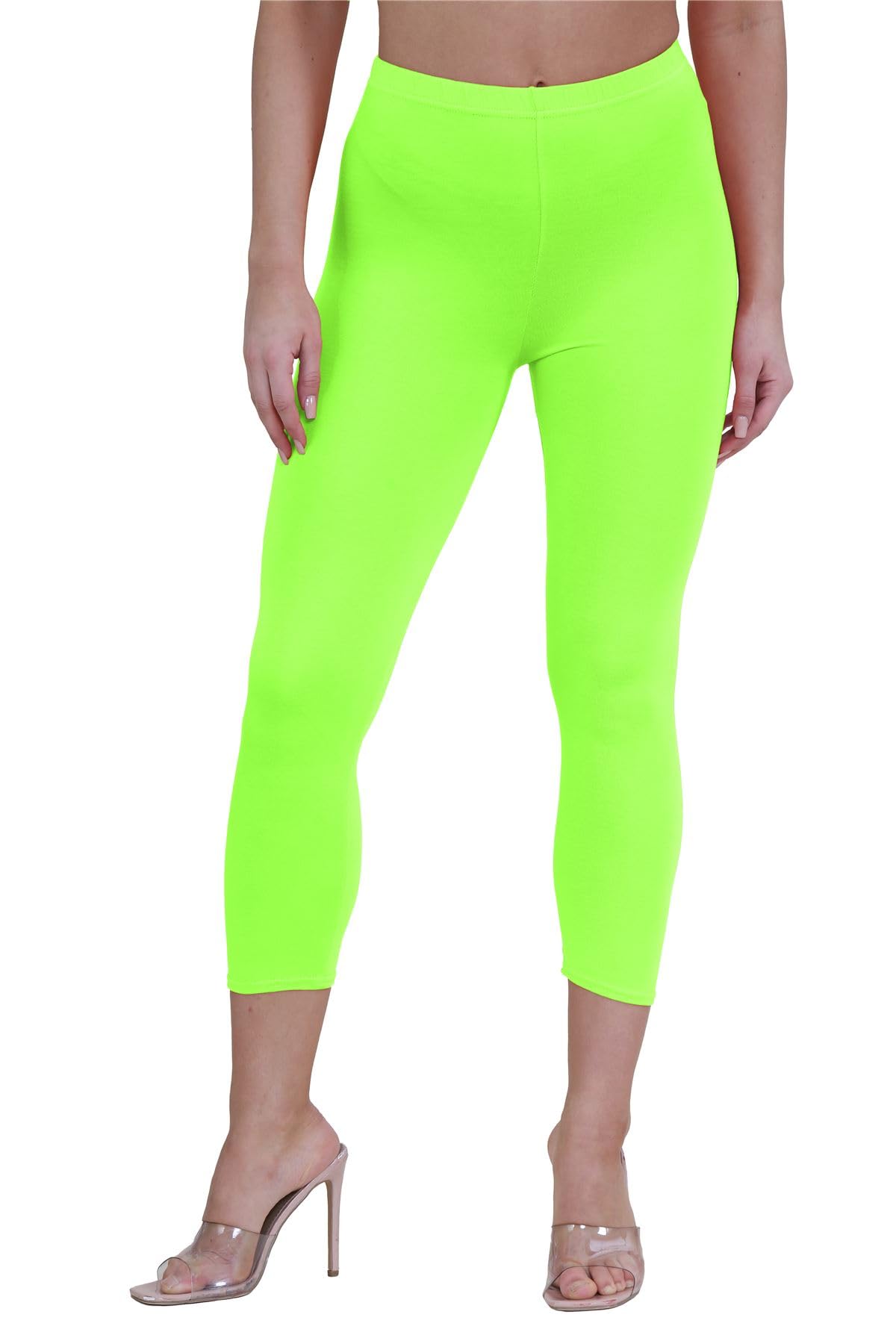 janisramone Womens Ladies New Plain Stretchy 3/4 Leggings Workout Tight Gym Cropped Capri Active Pants Neon Green