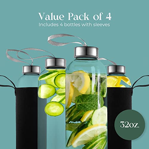Kitchen Lux 32 Oz Glass Water Bottle Set Of 4 - Glass Water Bottles Caps & Sleeve, Reusable Glass Bottle Lids, Clear Glass Bottles, Refillable Glass Juice Bottles For Juicing, Juicer Bottles #TOP2